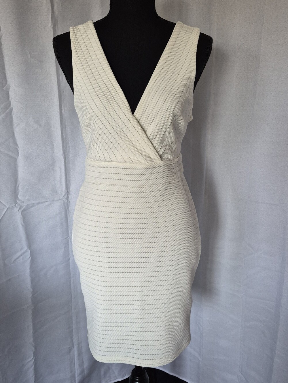 Sleeveless V-Neck Cream Ribbed Mini Dress Med/Small